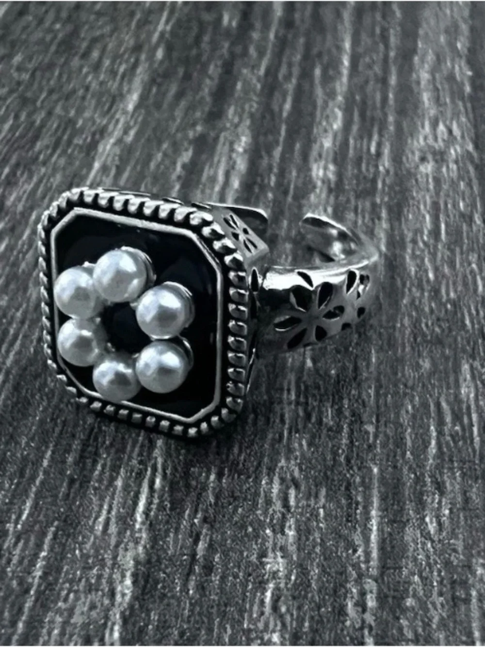 Sterling Silver Black Enamel Ring with Pearl Cluster
